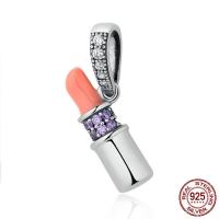 925 Sterling Silver European Pendant Lipstick micro pave cubic zirconia & without troll & enamel Approx 4.5-5mm Sold By PC