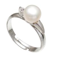 Édesvízi gyöngy Finger Ring, Sárgaréz, -val Édesvízi gyöngy, platina színű bevont, a nő & strasszos, fehér, nikkel, ólom és kadmium mentes, 7-8mm, Méret:5.5-8, Által értékesített PC