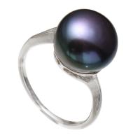 Édesvízi gyöngy Finger Ring, Sárgaréz, -val Édesvízi gyöngy, platina színű bevont, a nő, fekete, nikkel, ólom és kadmium mentes, 11-12mm, Méret:5.5-8, Által értékesített PC