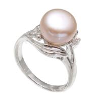 Freshwater Pearl Finger Ring Brass with Freshwater Pearl Flower platinum color plated for woman & with rhinestone purple nickel lead & cadmium free 8-9mm US Ring Sold By PC