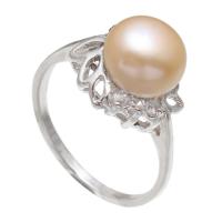 Gėlo vandens perlų Finger žiedas, Žalvarinis, su Kubinių Zirconia & Gėlo vandens perlų, Gėlė, platinos spalva padengtas, moters, rožinis, nikelio, švino ir kadmio nemokamai, 9-10mm, Dydis:8, Pardavė PC
