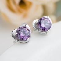 925 Sterling Silver Stud Earrings Heart platinum plated for woman & with cubic zirconia Sold By Pair