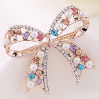 Rhinestone Brooch Zinc Alloy with ABS Plastic Pearl Bowknot rose gold color plated for woman & with rhinestone lead & cadmium free Sold By PC