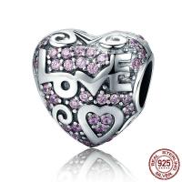 Thailand Sterling Sølv European Bead, Heart, ordet kærlighed, med bogstavet mønster & uden trold & med cubic zirconia, 11x12mm, Hole:Ca. 4.5-5mm, Solgt af PC