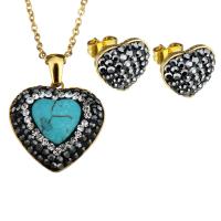 Rhinestone Jewelry Sets earring & necklace Stainless Steel with Rhinestone Clay Pave & Turquoise Heart gold color plated oval chain & for woman 1.5mm Length Approx 18 Inch Sold By Set