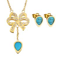 Turquoise Jewelry Sets earring & necklace Stainless Steel Teardrop gold color plated oval chain & for woman & with rhinestone 43mm 1.5mm Length Approx 18 Inch Sold By Set