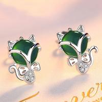 Agate Earring Brass with Green Agate Fox thick silver plated micro pave cubic zirconia nickel lead & cadmium free Sold By Pair