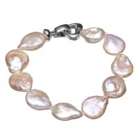 Sötvatten odlade Pearl Bracelet, Freshwater Pearl, mässing Foldover lås, Knapp, naturlig, för kvinna, rosa, 13-14mm, Såld Per Ca 7.5 inch Strand