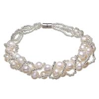 Sötvatten odlade Pearl Bracelet, Freshwater Pearl, med Glass Seed Beads, mässing magnetlås, Potatis, naturlig, för kvinna, vit, 4-5mm, Såld Per Ca 7.5 inch Strand