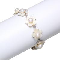 Sötvatten odlade Pearl Bracelet, Freshwater Pearl, med White Shell & Mässing, med 5cm extender kedja, Blomma, naturlig, för kvinna, vit, 14.5mm, Såld Per Ca 6.5 inch Strand