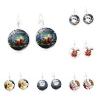 Christmas Earrings Zinc Alloy with Glass iron earring lever back clip Flat Round silver color plated time gem jewelry & Christmas jewelry & for woman & decal lead & cadmium free Sold By Pair