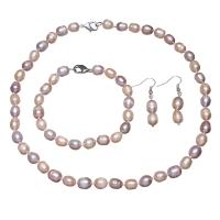 Natural Cultured Freshwater Pearl Jewelry Sets bracelet & earring & necklace with Brass brass lobster clasp Rice for woman 8-9mm Length Approx 17 Inch Approx 7.4 Inch Sold By Set
