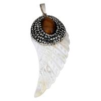 Rhinestone vedhæng, White Shell, med messing kaution & rhinestone ler bane & Tiger Eye, Wing Shape, platin farve forgyldt, 24x58x10mm, Hole:Ca. 5x7mm, Solgt af PC