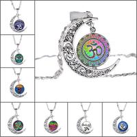 Time Gem Jewelry Necklace Zinc Alloy with iron chain & Glass with 5cm extender chain Moon antique silver color plated with om symbol & Unisex & valentino chain & decal lead & cadmium free 25mm Sold Per Approx 17.5 Inch Strand