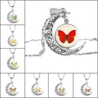 Time Gem Jewelry Necklace Zinc Alloy with iron chain & Glass with 5cm extender chain Moon antique silver color plated Unisex & with butterfly pattern & valentino chain & decal lead & cadmium free 25mm Sold Per Approx 17.5 Inch Strand