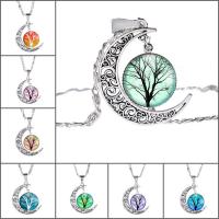 Time Gem Jewelry Necklace Zinc Alloy with iron chain & Glass with 5cm extender chain Moon antique silver color plated tree of life design & Unisex & valentino chain & decal lead & cadmium free 25mm Sold Per Approx 17.5 Inch Strand