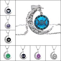 Time Gem Jewelry Necklace Zinc Alloy with iron chain & Glass with 5cm extender chain Moon antique silver color plated Unisex & valentino chain & decal lead & cadmium free 25mm Sold Per Approx 17.5 Inch Strand