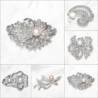 Brass Brooch, with Freshwater Pearl, platinum color plated, different styles for choice & for woman & with rhinestone, lead & cadmium free, Sold By PC