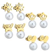 Stainless Steel Stud Earring with Glass Pearl gold color plated & for woman Sold By Lot