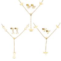 Stainless Steel Jewelry Set, fülbevaló & nyaklánc, -val 2Inch extender lánc, arany színű aranyozott, ovális lánc & különböző stílusokat a választás & a nő, Hossz Kb 17 inch, 5készletek/Lot, Által értékesített Lot