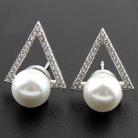 Brass Stud Earring with Shell Pearl Triangle silver color plated micro pave cubic zirconia & for woman nickel lead & cadmium free Sold By Pair