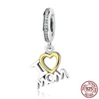 925 Sterling Silver European Pendant Letter I love mom plated Mother Day Jewelry & micro pave cubic zirconia & for woman & without troll & two tone Approx 4.5-5mm Sold By PC