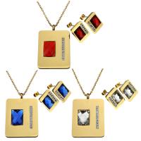 Rhinestone Jewelry Sets earring & necklace Stainless Steel with Rhinestone Clay Pave & Crystal Rectangle gold color plated oval chain & for woman & faceted 2mm Length Approx 18 Inch Sold By Set