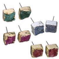 Ice Quartz Agate Stud Earring with Brass Square plated without stopper & druzy style & for woman 0.5mm Sold By Pair