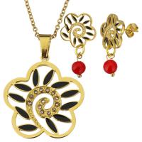 Stainless Steel Jewelry Set earring & necklace with Resin Flower gold color plated oval chain & for woman & with rhinestone 2mm 28mm Length Approx 19 Inch Sold By Set
