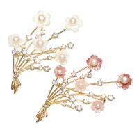 Brass Brooch with Shell & Freshwater Pearl Flower real gold plated & for woman & with cubic zirconia nickel lead & cadmium free Sold By PC