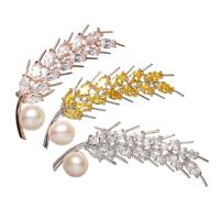 Brass Brooch, with Freshwater Pearl, Wheat, plated, for woman & with cubic zirconia, more colors for choice, nickel, lead & cadmium free, 55.5x24x12mm, Sold By PC