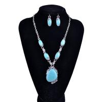 Zinc Alloy Jewelry Set earring & necklace with Turquoise with 5cm extender chain antique silver color plated oval chain & for woman lead & cadmium free 35cm Length Approx 13.5 Inch Sold By Set