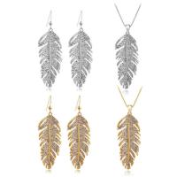 Zinc Alloy Jewelry Sets earring & necklace with 1.9lnch extender chain Feather plated snake chain & for woman & with rhinestone Length Approx 15.7 Inch Sold By Set