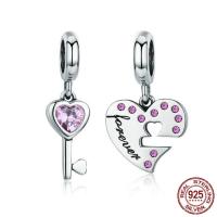Thailand Sterling Silver European Pendant heart and key for couple & without troll & with cubic zirconia Sold By Pair