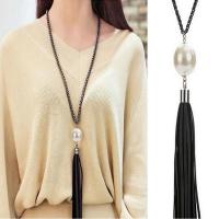 Zinc Alloy Sweater Necklace with PU Leather & Glass Pearl Tassel plated byzantine chain & for woman nickel lead & cadmium free 150mm 20mm Sold Per Approx 24 Inch Strand