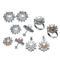 Brass Jewelry Set, pendant & finger ring & earring, with Freshwater Pearl, platinum plated, micro pave cubic zirconia, more colors for choice, nickel, lead & cadmium free, 19x16x10mm, 17x16x18mm, 16x21x9mm, Hole:Approx 17-20mm, Inner Diameter:Approx 0.8mm, Sold By Set