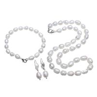 Freshwater Pearl Jewelry Set Stud Earring & bracelet & necklace with Brass Rice natural for woman white 8-9mm Length Approx 17 Inch Approx 7 Inch Sold By Set
