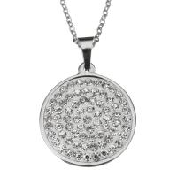 Stainless Steel Necklace, with Rhinestone Clay Pave, Flat Round, oval chain & for woman, original color, 28x32mm, 2mm, Sold Per Approx 19 Inch Strand
