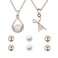 Zinc Alloy Jewelry Set earring & necklace with Glass Pearl with 1.9lnch extender chain gold color plated oval chain & for woman & with rhinestone nickel lead & cadmium free  8mm Length Approx 17.7 Inch Sold By Set