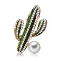 Zinc Alloy Brooch with ABS Plastic Pearl Opuntia Stricta gold color plated for woman & enamel & with rhinestone lead & cadmium free Sold By PC