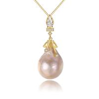 Brass Necklace with Freshwater Pearl with 50mm extender chain Oval real gold plated box chain & micro pave cubic zirconia & for woman nickel lead & cadmium free Sold Per Approx 15.7 Inch Strand