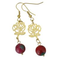Stainless Steel Drop Earring with Dyed Jade Flower gold color plated for woman 57mm Sold By Pair