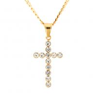 Stainless Steel Sweater Chain Necklace Cross gold color plated & curb chain & for woman & with rhinestone Sold By Strand