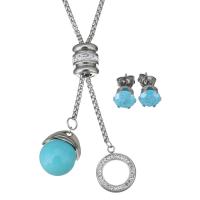 Fashion Stainless Steel Jewelry Sets Stud Earring & sweater chain necklace with Rhinestone Clay Pave & Dyed Jade & Crystal adjustable & box chain & for woman & faceted original color  2.5mm 7mm Length Approx 23 Inch Sold By Set