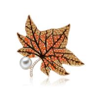 Zinc Alloy Brooch with ABS Plastic Pearl Leaf gold color plated for woman & enamel & with rhinestone lead & cadmium free Sold By PC