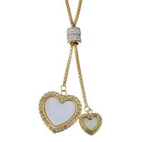 Stainless Steel Trui Collier, Roestvrij staal, met strass klei pave & White Shell, met 2Inch extender keten, Hart, gold plated, box ketting & voor vrouw, 31x32mm, 17x19mm, 2.5mm, Per verkocht Ca 23 inch Strand