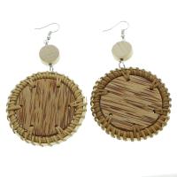 Rattan Drop Earring with Wood brass earring hook Flat Round woven pattern & for woman Sold By Bag