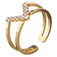 Rhinestone Stainless Steel Finger Ring Letter V gold color plated for woman & with rhinestone 11mm US Ring Sold By PC