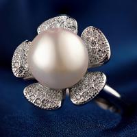 925 Sterling Silver Open Finger Ring with Shell Pearl Flower natural adjustable & for woman & with cubic zirconia 16mm US Ring Sold By PC