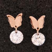 Titanium Steel  Earring Butterfly gold color plated for woman & with cubic zirconia & stardust Sold By Pair